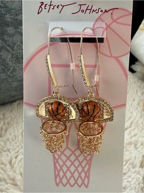 Betsey Johnson Basketball Hoop Drop Earrings Orange Glitter Balls 🏀 New